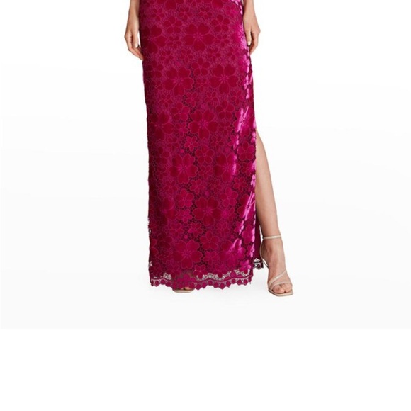 Theia gown, Simone one shoulder velvet lace long gown. - Picture 4 of 7
